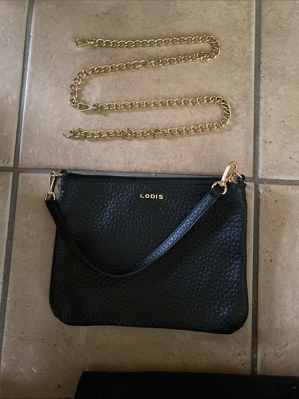 Lodis Navy Pebbled Leather Crossbody with Gold Chain - Picture 7 of 8